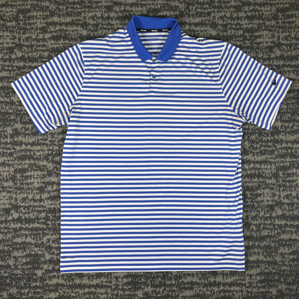 Nike Golf Polo Shirt Mens XXL Blue White Striped Dri-FIT Short Sleeve Athletic